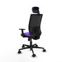 Silla de oficina Yunquera con mecanismo Sincro tapizada con Tela color Lila y malla color Negro. Equipada con lumbar 1D, Brazos 1D, Cabecero 1D y Ruedas 65mm nailon