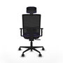 Silla de oficina Yunquera con mecanismo Sincro tapizada con Tela color Lila y malla color Negro. Equipada con lumbar 1D, Brazos 1D, Cabecero 1D y Ruedas 65mm nailon