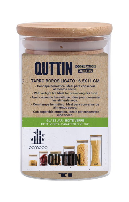 Quttin Tarro de Borosilicato 6.5 x 10.6 cm con Tapa de Bambú, Para Conservas y Almacenamiento, Capacidad 650 ml (24 Unidades)
