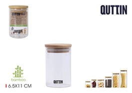 Quttin Tarro de Borosilicato 6.5 x 10.6 cm con Tapa de Bambú, Para Conservas y Almacenamiento, Capacidad 650 ml (24 Unidades)