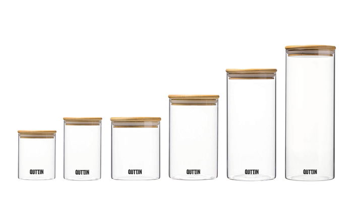 Quttin Tarro de Borosilicato 6.5 x 10.6 cm con Tapa de Bambú, Para Conservas y Almacenamiento, Capacidad 650 ml (24 Unidades)