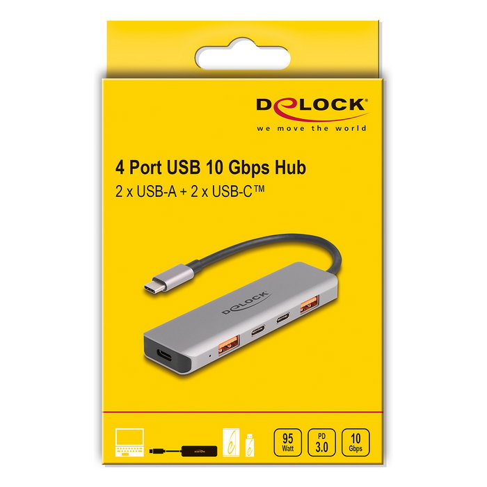 DeLOCK 64302 Hub USB 10 Gbps con 2 puertos Tipo-A y 2 puertos Tipo-C, PD 95 W DeLOCK 64302 Hub USB 10 Gbps con 2 puertos Tipo-A y 2 puertos Tipo-C, PD 95 W