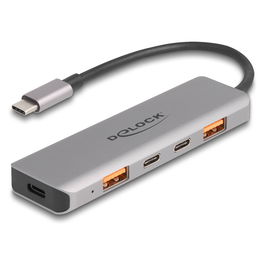 Delock 64302 Hub USB 3.2 Gen 2, 4 Puertos (2 USB-A + 2 USB-C) con Power Delivery PD 95 W, 10 Gbps, Conectividad USB Type-C, Metal Gris