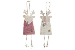 DKD Home Decor Decoración Colgante Navidad Fantasía Rosa Palo Blanco MDF Poliéster Lana 12 Unidades 3 x 18 x 6 cm