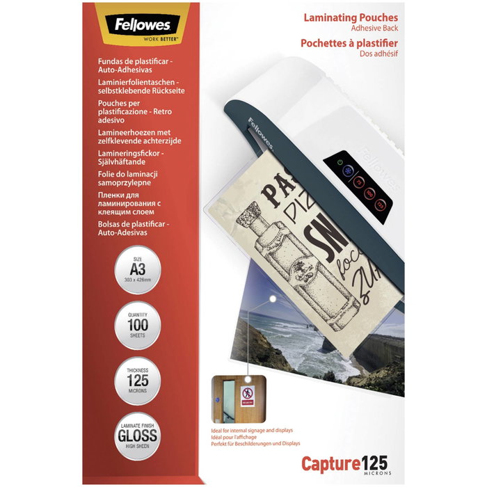 Fellowes Fundas de plastificar A3 con dorso adhesivo 125 micras pack 100 Fellowes Fundas de plastificar A3 con dorso adhesivo 125 micras pack 100