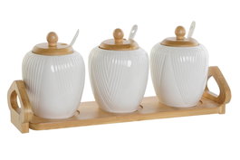 DKD Home Decor Set de 4 Azucareros de Porcelana y Bambú Blanco/Natural