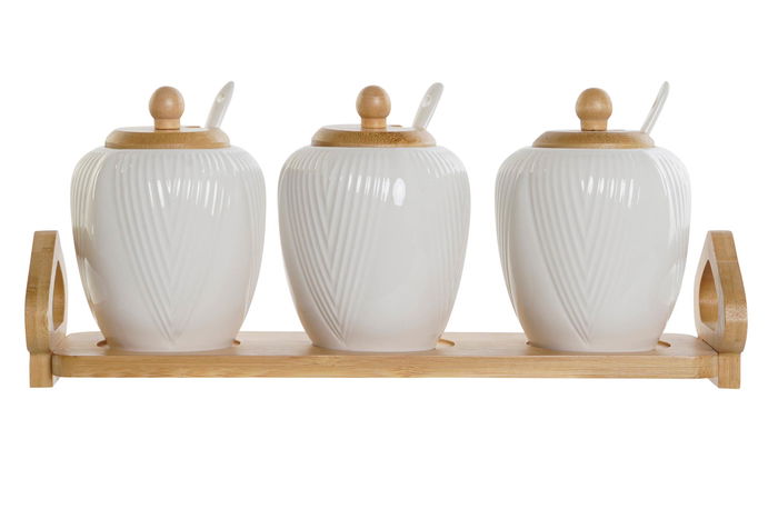 DKD Home Decor Azucarero Porcelana y Bambú Blanco Natural Set de 4 Piezas 9 x 7 x 31 cm