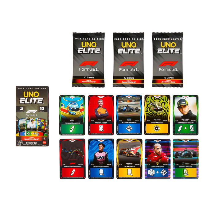 Mattel Games UNO Elite Fórmula 1 - Booster Pack Jlv43 - 30 Cartas Especiales Elite, Expansión de Juego de Cartas