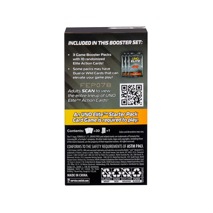 Mattel Games UNO Elite Fórmula 1 - Booster Pack Jlv43 - 30 Cartas Especiales Elite, Expansión de Juego de Cartas