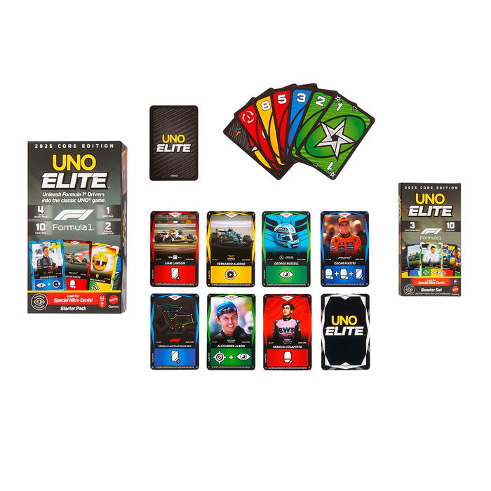 Mattel Games UNO Elite Fórmula 1 - Booster Pack Jlv43 - 30 Cartas Especiales Elite, Expansión de Juego de Cartas