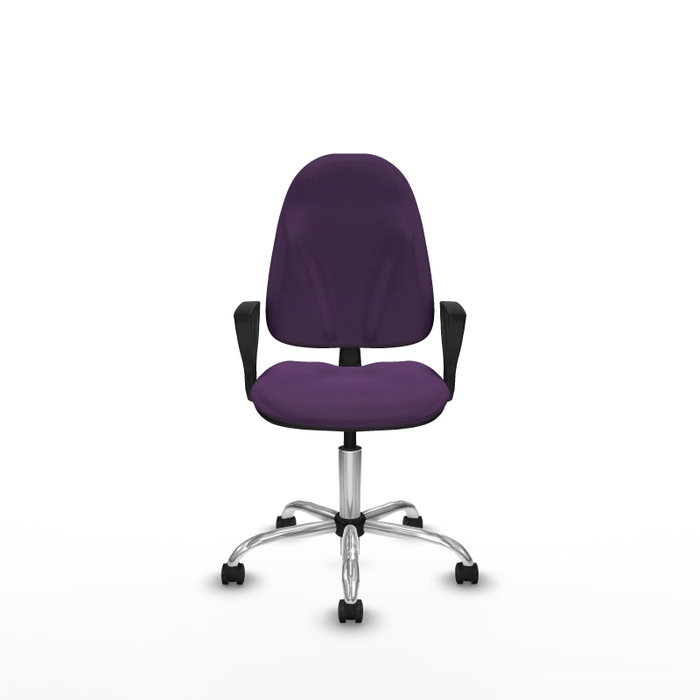 Silla de oficina Algarra con mecanismo Contacto permanente básico tapizada con Tela color Morado. Equipada con Base cromada, Brazos fijos y Ruedas de parqué