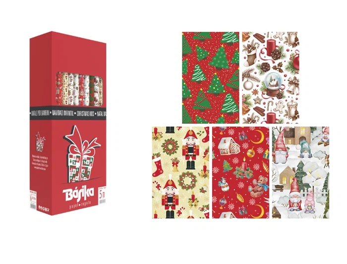 Basika Papel de Regalo Navidad, Rollo Ancho 70 cm x 5 m, Diseños Surtidos, Gramaje 50 g, Caja 40 Unidades