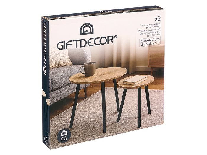 Giftdecor Set 2 Mesas Auxiliares 39cm 48cm Madera Natural Patas Negras