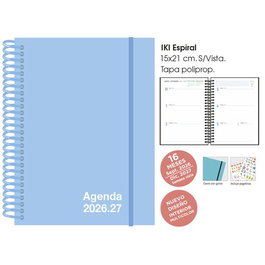 Agenda Anual (2026-27) Senfort 16 Meses Iki Unicolor Espiral Tapa Pp Con Goma 155X215 S/V Pastel Azul