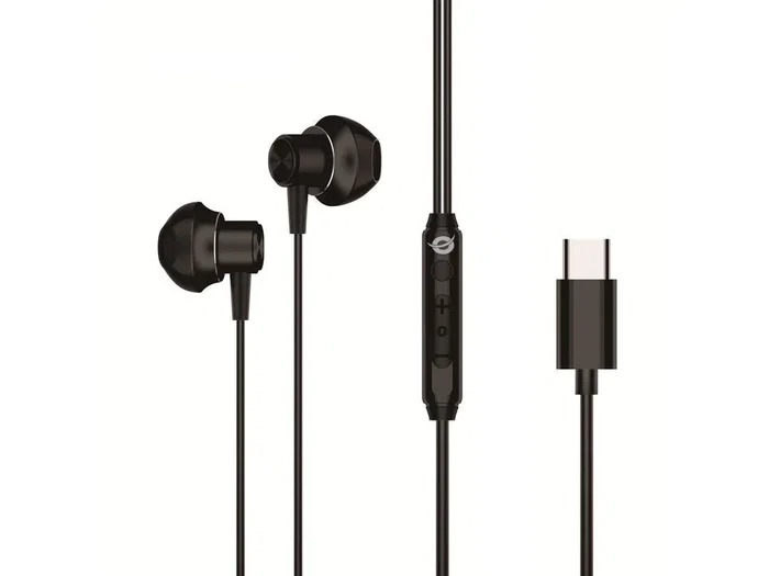 Conceptronic Brendan04B Auriculares Intrauditivos con Cable USB-C (1.2m), Micrófono con Reducción de Ruido, Controles en Línea, Cuerpo de Aluminio, Color Negro
