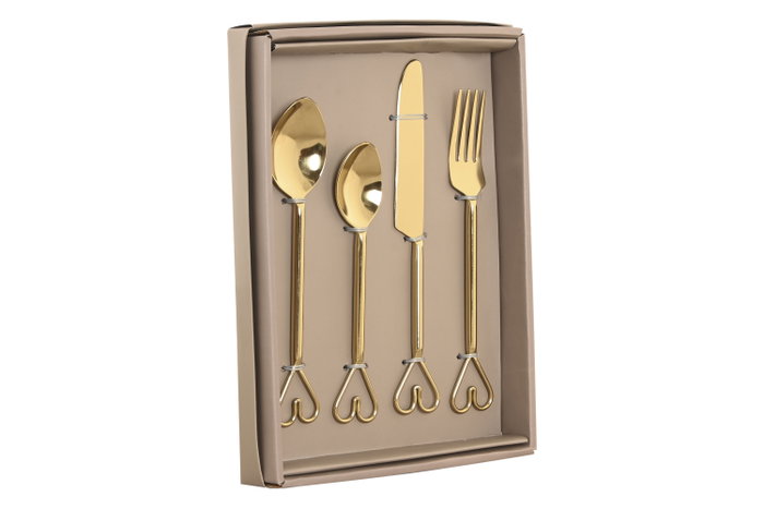 DKD Home Decor Set de Cubertería de 16 Piezas Corazon Dorado en Acero Inoxidable