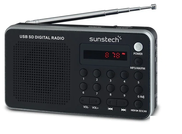 Sunstech Radio Portátil RPD32SL - Digital AM/FM, Reproducción MP3, USB y Ranura para Tarjetas SD/MicroSD, Pantalla LED, Color Plata/Negro