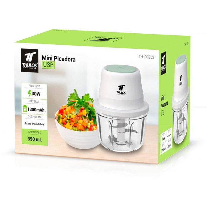Thulos TH-PC352 Mini Picadora de Alimentos Eléctrica Recargable USB, 350ml, Cuchillas Acero Inoxidable, 30W, Cable Incluido