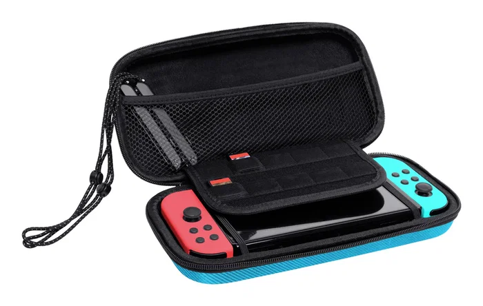 Trust GXT 1248S Funda Protectora Rígida para Nintendo Switch, Switch OLED y Switch Lite, con Asa y 10 Ranuras, Negro/Azul/Rojo