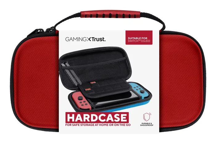 Trust GXT 1248S Funda Protectora Rígida para Nintendo Switch, Switch OLED y Switch Lite, con Asa y 10 Ranuras, Negro/Azul/Rojo