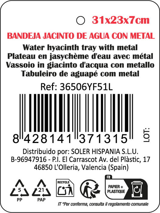 Inde Bandeja Jacinto de Agua Oval con Metal 31x23x7 cm