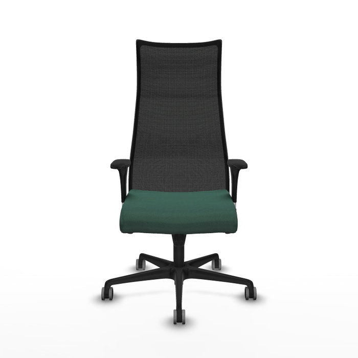 Sillón Albacete con mecanismo Sincro tapizada con Tela color Verde botella y malla color Negro. Equipado con Base nailon negra, Brazos 1D y Ruedas 65 mm parqué