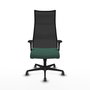 Sillón Albacete con mecanismo Sincro tapizada con Tela color Verde botella y malla color Negro. Equipado con Base nailon negra, Brazos 1D y Ruedas 65 mm parqué