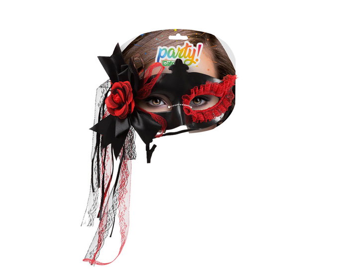 Atosa Máscara Veneciana de Carnaval Roja y Negra con Flor