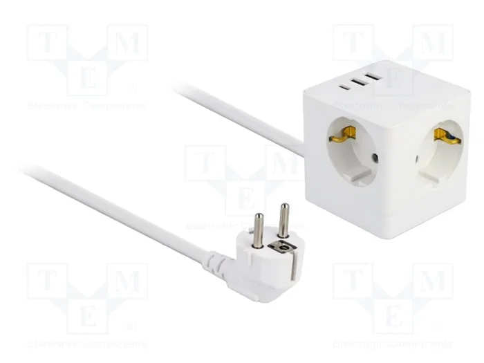 DeLOCK Extensión de Enchufe Cúbico 3 Tomas con Protección para Niños y USB, 1,5 m, Blanco