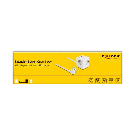 DeLOCK Regleta 3 Enchufes con Cubo, Carga USB 3.4A, Cable 1.5m, Blanco, 3680W, 250V, CEE 7/3, con Protección Infantil, Referencia Delock Steckdosenwürfel
