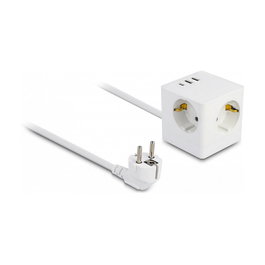 DeLOCK Extensión de Enchufe Cúbico 3 Tomas con Protección para Niños y USB, 1,5 m, Blanco