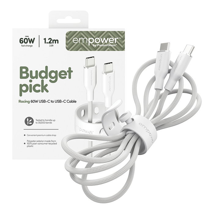 PanzerGlass empower by Racing Cable USB-C a USB-C 60W 1.2M USB 2.0 en Color Blanco Plateado