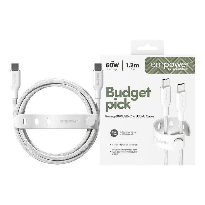PanzerGlass empower by Racing Cable USB-C a USB-C 60W 1.2M USB 2.0 en Color Blanco Plateado