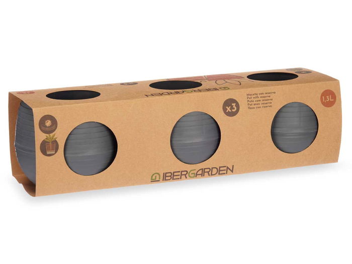 Ibergarden Set 3 Macetas Reserva Agua 13 cm Antracita Plástico PP (Set de 4)