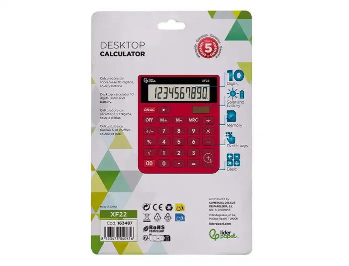 Liderpapel xf22 Calculadora Sobremesa 10 Dígitos Solar y Pilas Color Rojo 127x105x24 mm