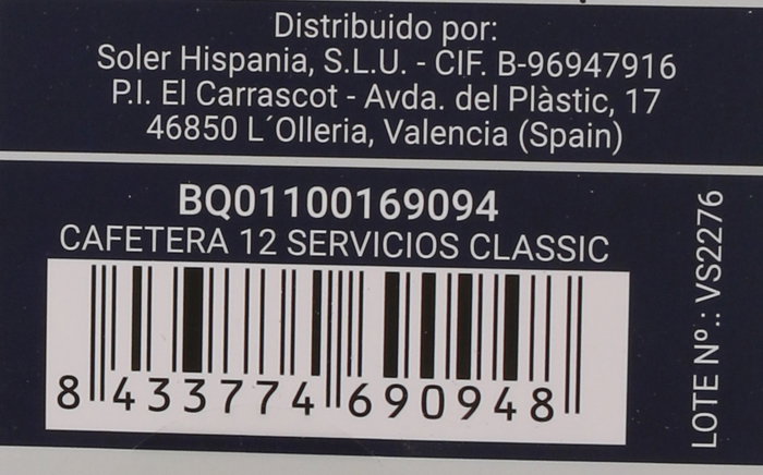 Quttin Cafetera 12 Servicios Classic Ø19.5X12X24 cm (6 Unidades)