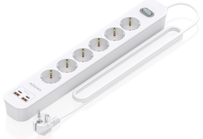 Aisens Regleta de 6 Tomas con 2 USB-C y 2 USB-A, Cargador 20W, Blanco Aisens Regleta de 6 Tomas con 2 USB-C y 2 USB-A, Cargador 20W, Blanco