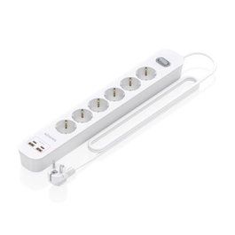 Aisens Regleta 6 Tomas + 2 USB-A + 2 USB-C Carga 20W Botón Apagado Cable 1,4 m Blanco