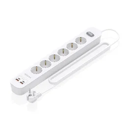 Aisens Regleta de 6 Tomas con 2 USB-C y 2 USB-A, Cargador 20W, Blanco