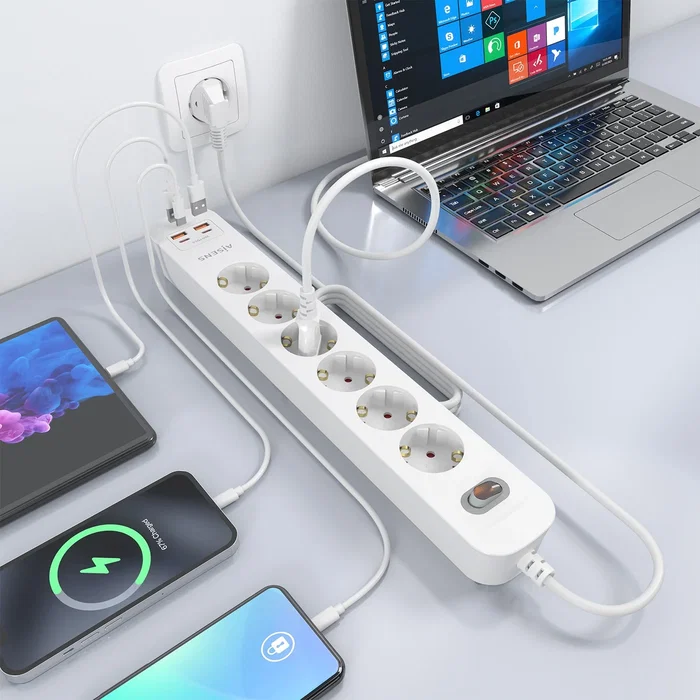Aisens Regleta de 6 Tomas con 2 USB-C y 2 USB-A, Cargador 20W, Blanco Aisens Regleta de 6 Tomas con 2 USB-C y 2 USB-A, Cargador 20W, Blanco