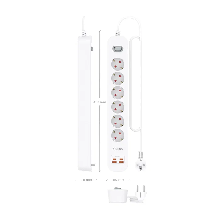 Aisens Regleta de 6 Tomas con 2 USB-C y 2 USB-A, Cargador 20W, Blanco Aisens Regleta de 6 Tomas con 2 USB-C y 2 USB-A, Cargador 20W, Blanco