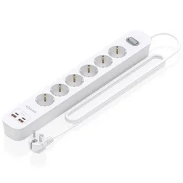 Aisens ASPS-2A2C16-W Regleta de Enchufes Multifunción con 6 Tomas Schuko, Cargador PD3.0 20W (2 USB-C + 2 USB-A), Interruptor LED, Cable 1.4m, Protección Infantil, Blanco