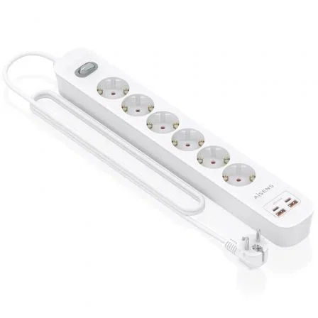 Aisens ASPS-2A2C16-W Regleta de Enchufes Multifunción con 6 Tomas Schuko, Cargador PD3.0 20W (2 USB-C + 2 USB-A), Interruptor LED, Cable 1.4m, Protección Infantil, Blanco