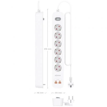 Aisens ASPS-2A2C16-W Regleta de Enchufes Multifunción con 6 Tomas Schuko, Cargador PD3.0 20W (2 USB-C + 2 USB-A), Interruptor LED, Cable 1.4m, Protección Infantil, Blanco