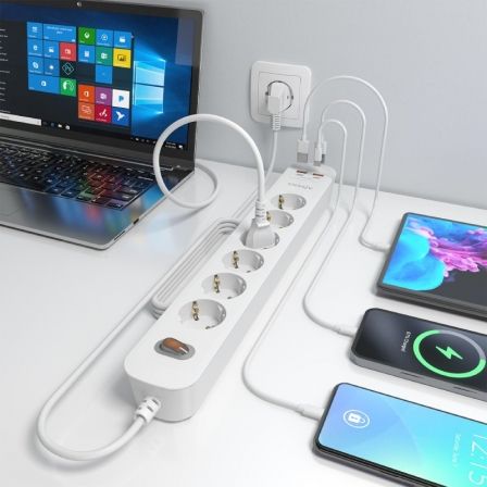 Aisens ASPS-2A2C16-W Regleta de Enchufes Multifunción con 6 Tomas Schuko, Cargador PD3.0 20W (2 USB-C + 2 USB-A), Interruptor LED, Cable 1.4m, Protección Infantil, Blanco