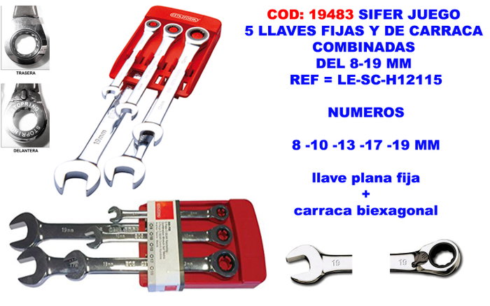 SIFER Juego de 5 Llaves de Carraca Combinadas 8-19 mm LE-SC-H12115 SIFER Juego de 5 Llaves de Carraca Combinadas 8-19 mm LE-SC-H12115
