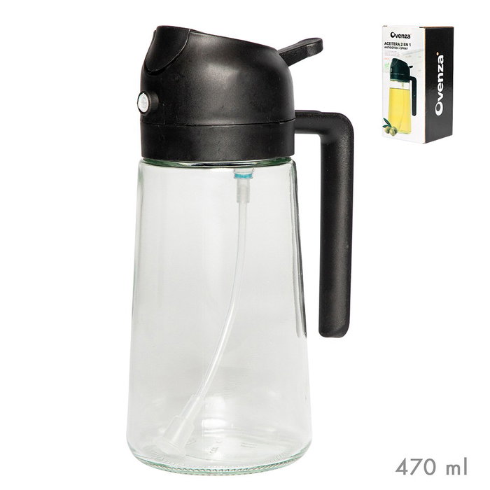 Ovenza Aceitera de Cristal 2 en 1 Antigoteo y Spray, 430 ml con Tapa Negra Libre de BPA