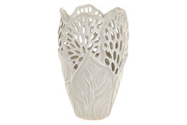 DKD Home Decor Jarrón de Cerámica Blanco con Detalle de Hoja