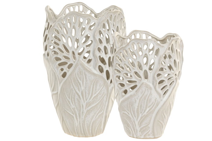DKD Home Decor Jarrón de Cerámica Blanco con Detalle de Hoja