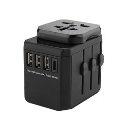 MicroConnect Adaptador de cargador de viaje mundial con 3 puertos USB-A y 1 puerto USB-C, Negro